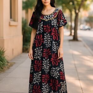 Vintage hand crafted tropical ethnic kaftan housecoat muumuu-L